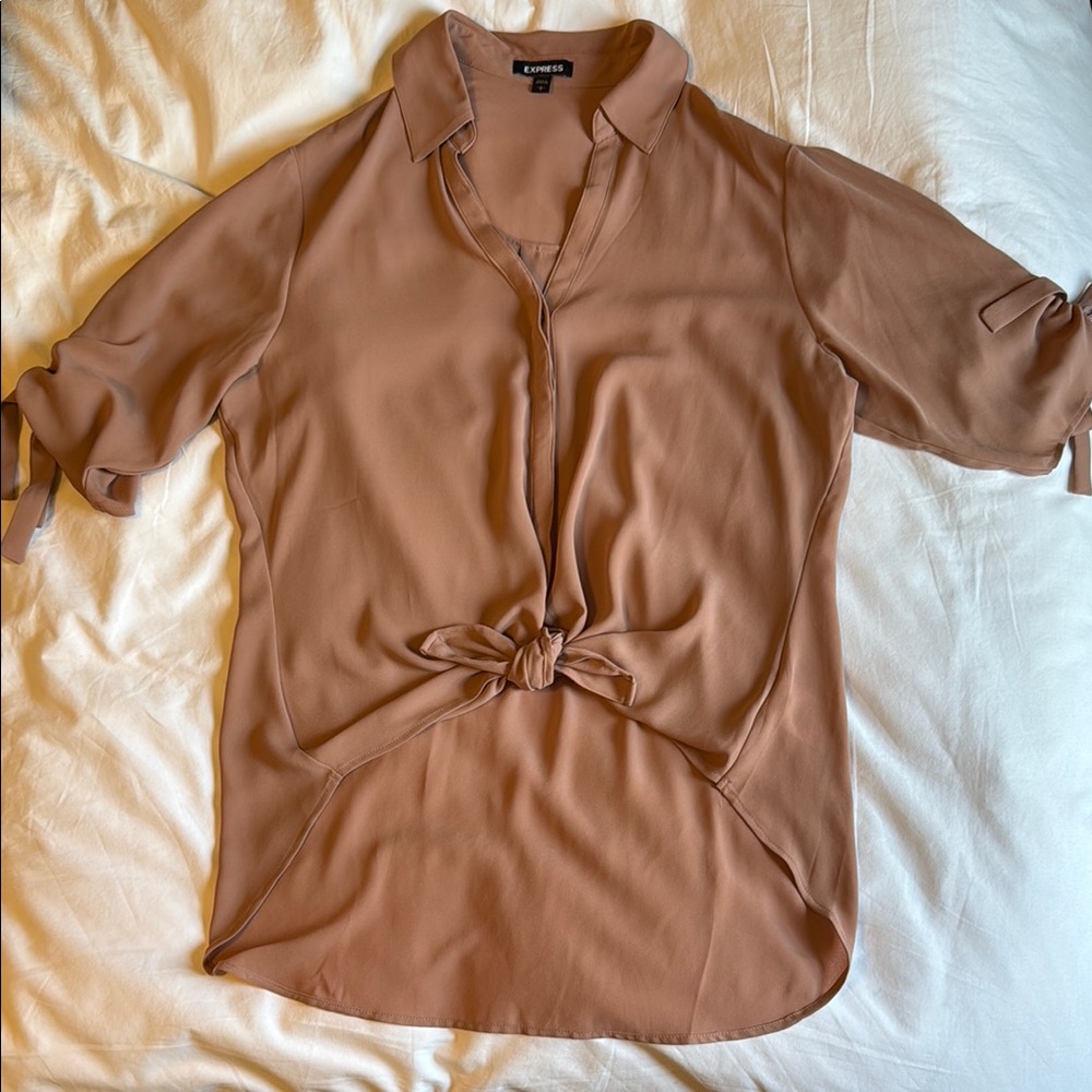 Express Terracotta Tan Button Down Shirt with Tie Sleeves and Tie Front